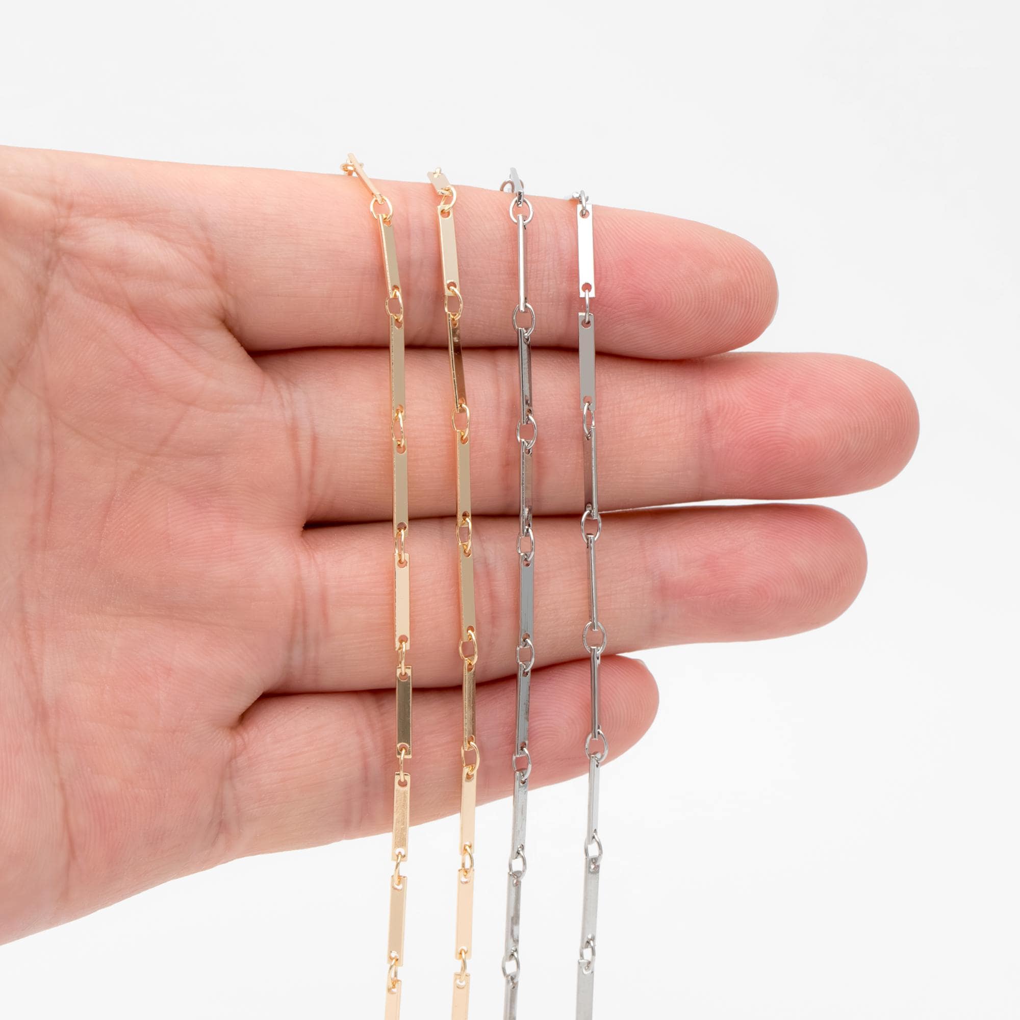 Gold/ Silver Tone Rectangle Bar Chains, 18K Gold/ Rhodium Plated Brass, Dainty Necklace Findings (#LK-440)/ 1 Meter=3.3 ft